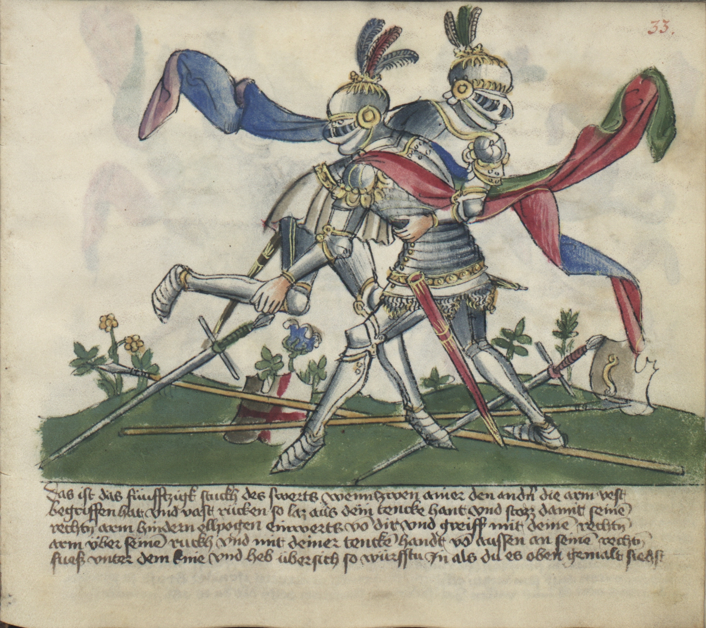 Spätmittelalterliche Fechtbücher zeigen den dynamischen Kampf in Plattenrüstung (Krakau, Biblioteka Jagiellońska, MS Germ.Quart.16, fol. 33r).