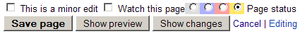 Screenshot from the Page namespace, showing the page status radio buttons along with surrounding features such as the summary field, the save button and the preview button.